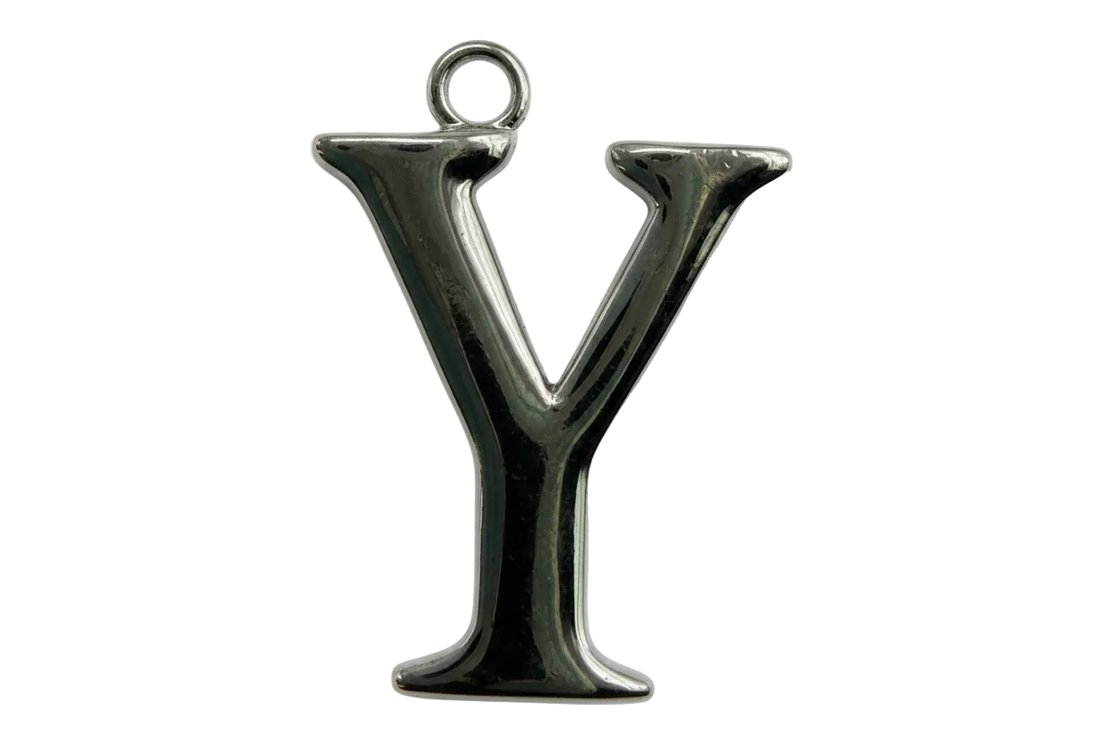 Mirror-polished silver letter Y initial charm on black background