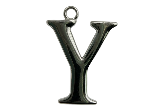 Mirror-polished silver letter Y initial charm on black background