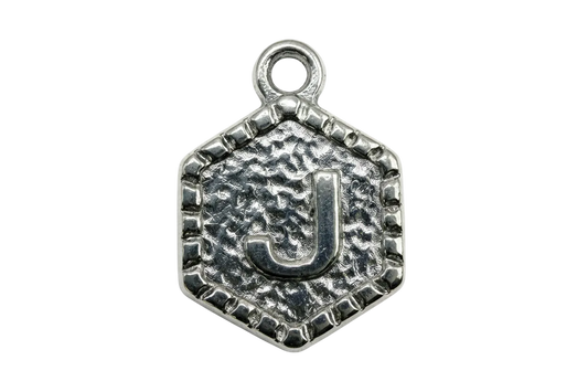 Antique silver textured medallion with raised letter J and framed edge