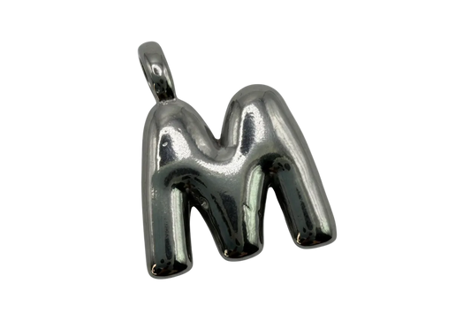 Polished silver balloon-style letter M pendant with high-shine finish