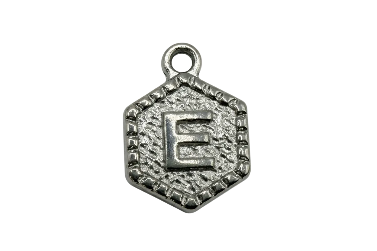 Antiqued silver hexagon pendant with raised letter E and textured border