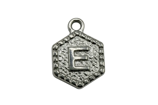 Antiqued silver hexagon pendant with raised letter E and textured border