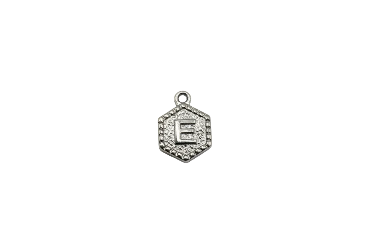 Silver hexagon pendant with raised letter E