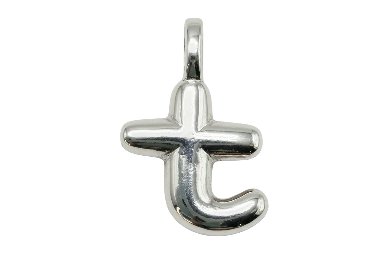 High-polish silver lowercase letter t initial with rounded sculptural shape