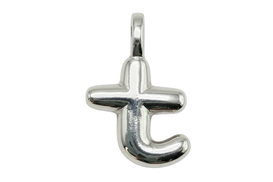 High-polish silver lowercase letter t initial with rounded sculptural shape