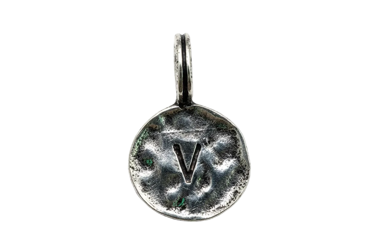 Antiqued silver round initial coin with recessed letter V