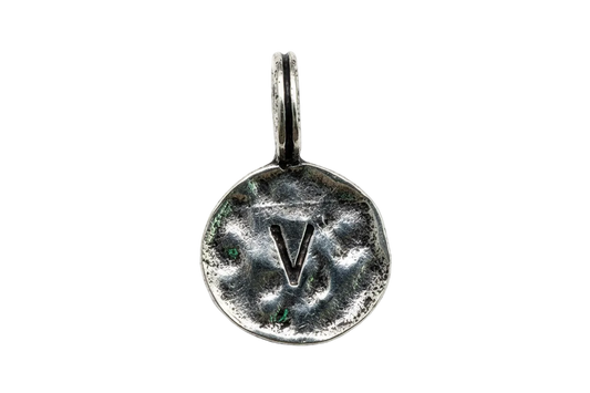 Antiqued silver round initial coin with recessed letter V