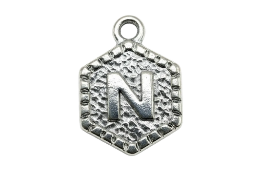 Antique-silver hexagon pendant with raised letter N and textured border