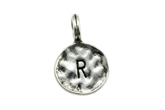 Hammered silver coin pendant with stamped letter R and antiqued detailing