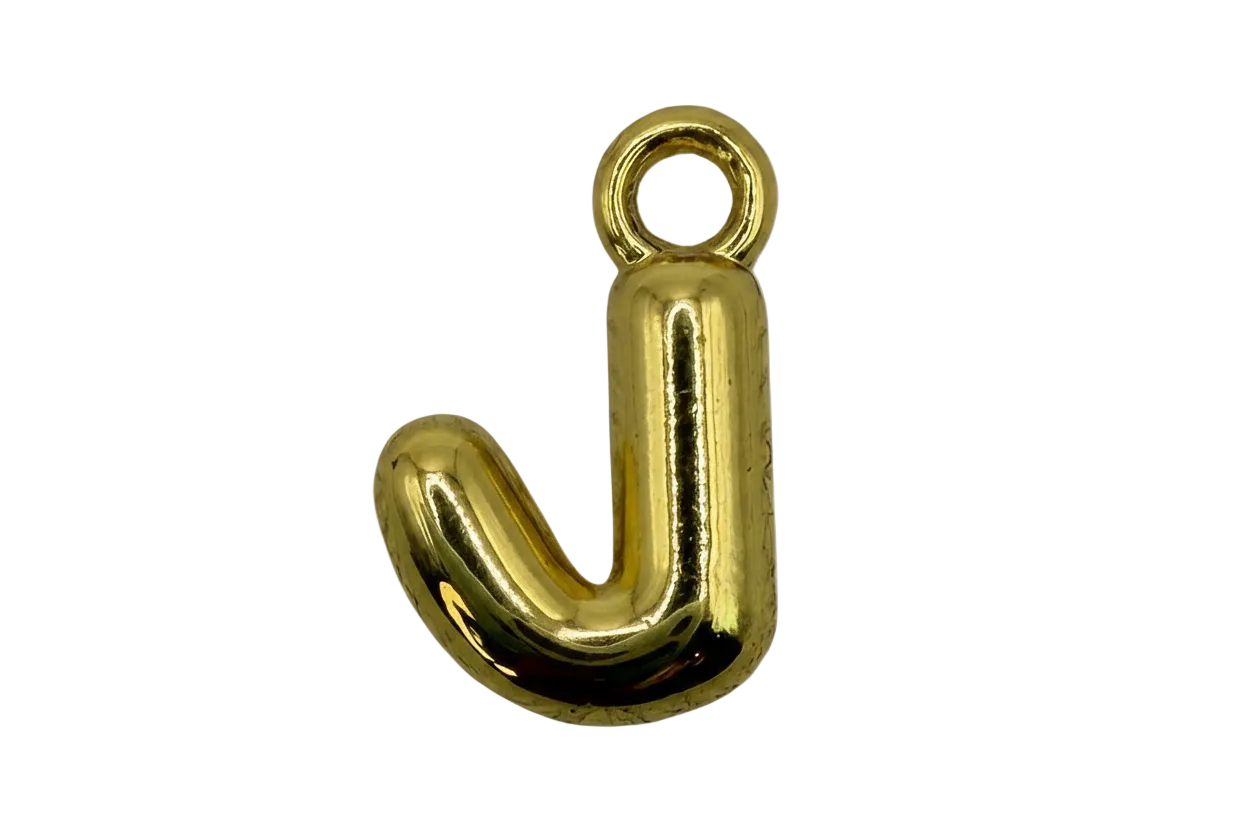 Glossy gold letter J initial charm with rounded, puffed silhouette