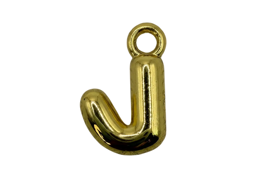 Glossy gold letter J initial charm with rounded, puffed silhouette