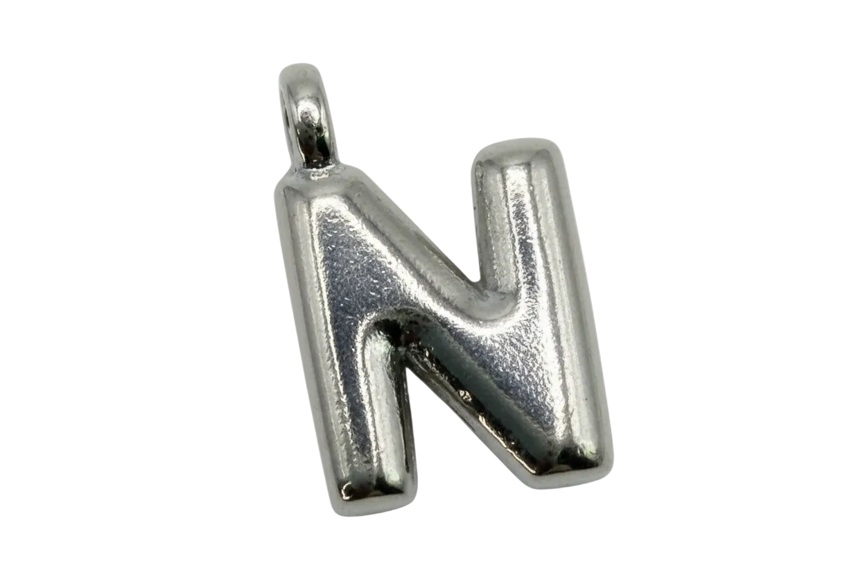 High-polish silver puffed letter N pendant, balloon-style initial