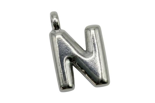 High-polish silver puffed letter N pendant, balloon-style initial