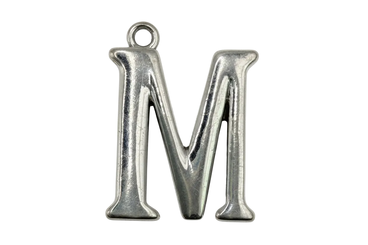 Polished silver-tone letter M initial charm with reflective finish