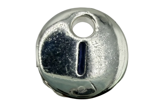 Round silver keyhole disk charm with polished finish and raised keyhole detail