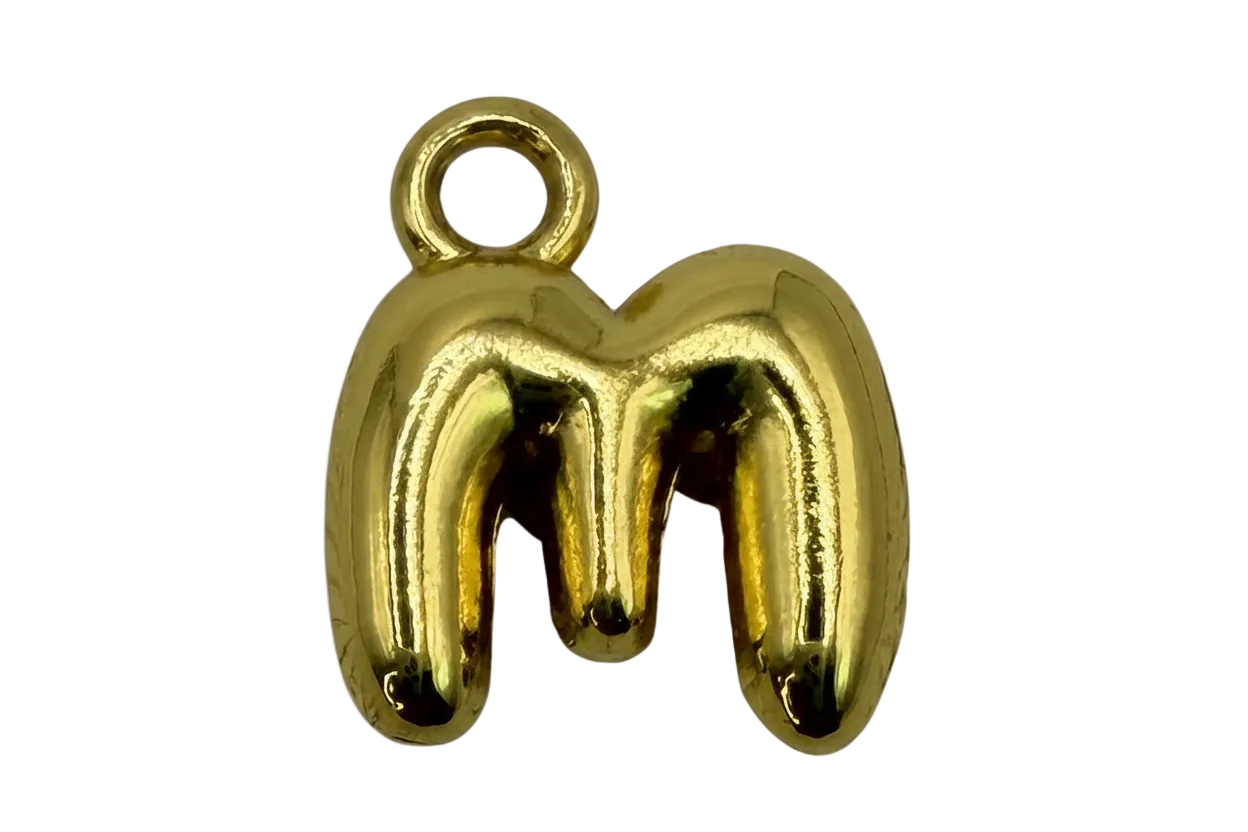 High-polish gold puffy letter M with rounded balloon silhouette