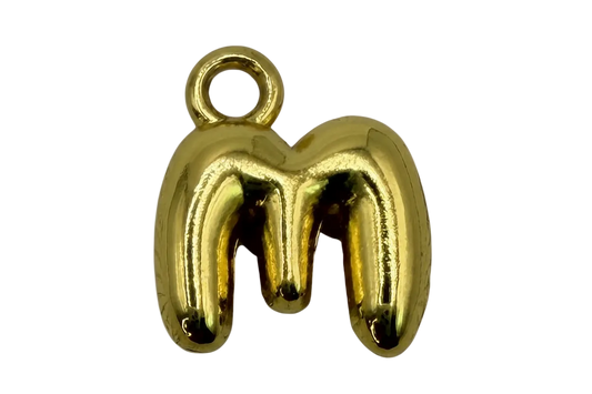 High-polish gold puffy letter M with rounded balloon silhouette