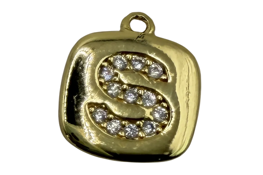 Gold rounded-square tile with pavé S initial in clear stones