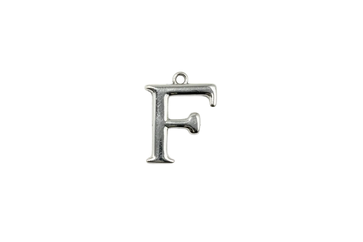 Polished silver serif letter F initial pendant on black background