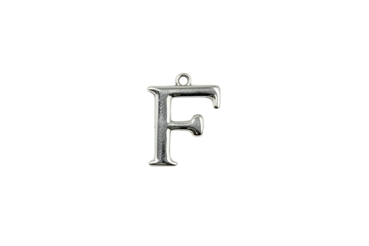Polished silver serif letter F initial pendant on black background