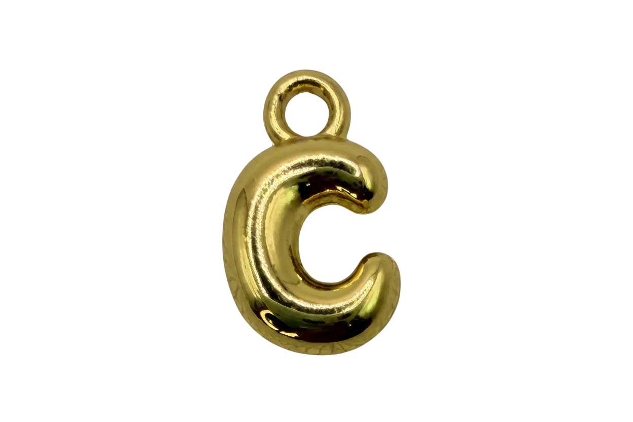 High-polish gold puffy letter C with rounded, balloon-like shape