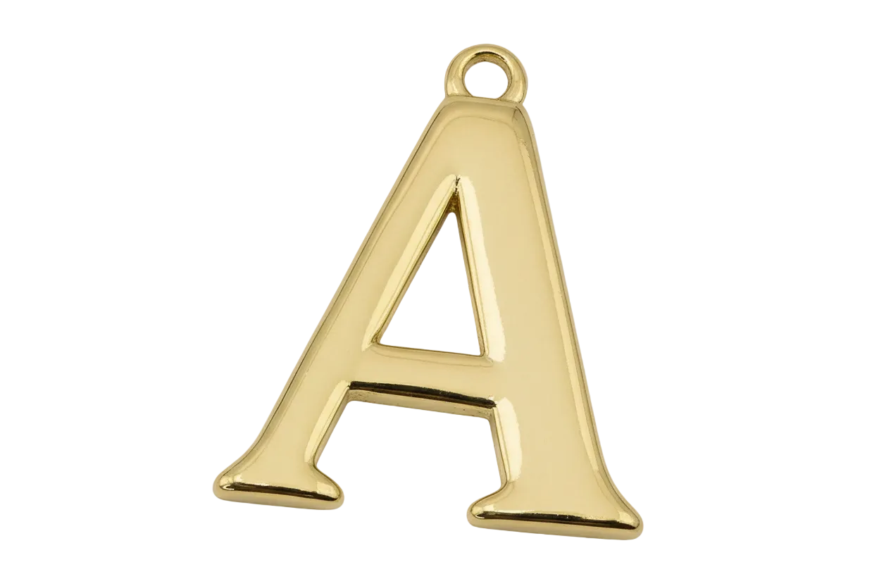 High-polish gold uppercase letter A initial charm on black background
