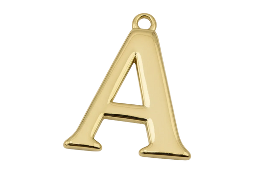 High-polish gold uppercase letter A initial charm on black background