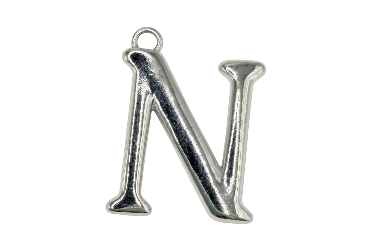 High-polish silver letter N pendant, sculpted serif initial