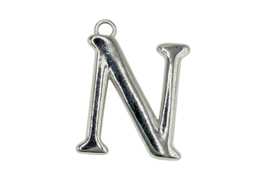 High-polish silver letter N pendant, sculpted serif initial