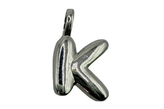 High-polish silver letter K pendant with rounded, reflective finish