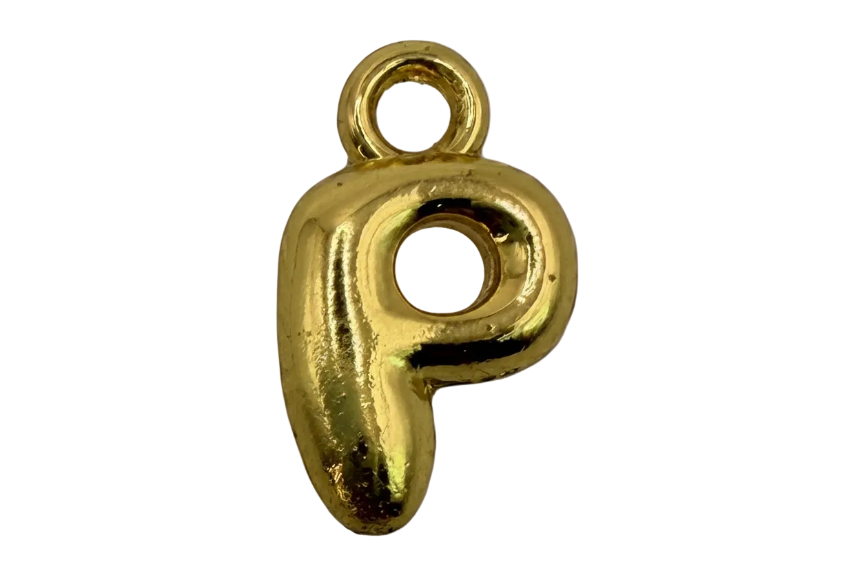 Polished gold letter P initial charm with rounded, glossy finish