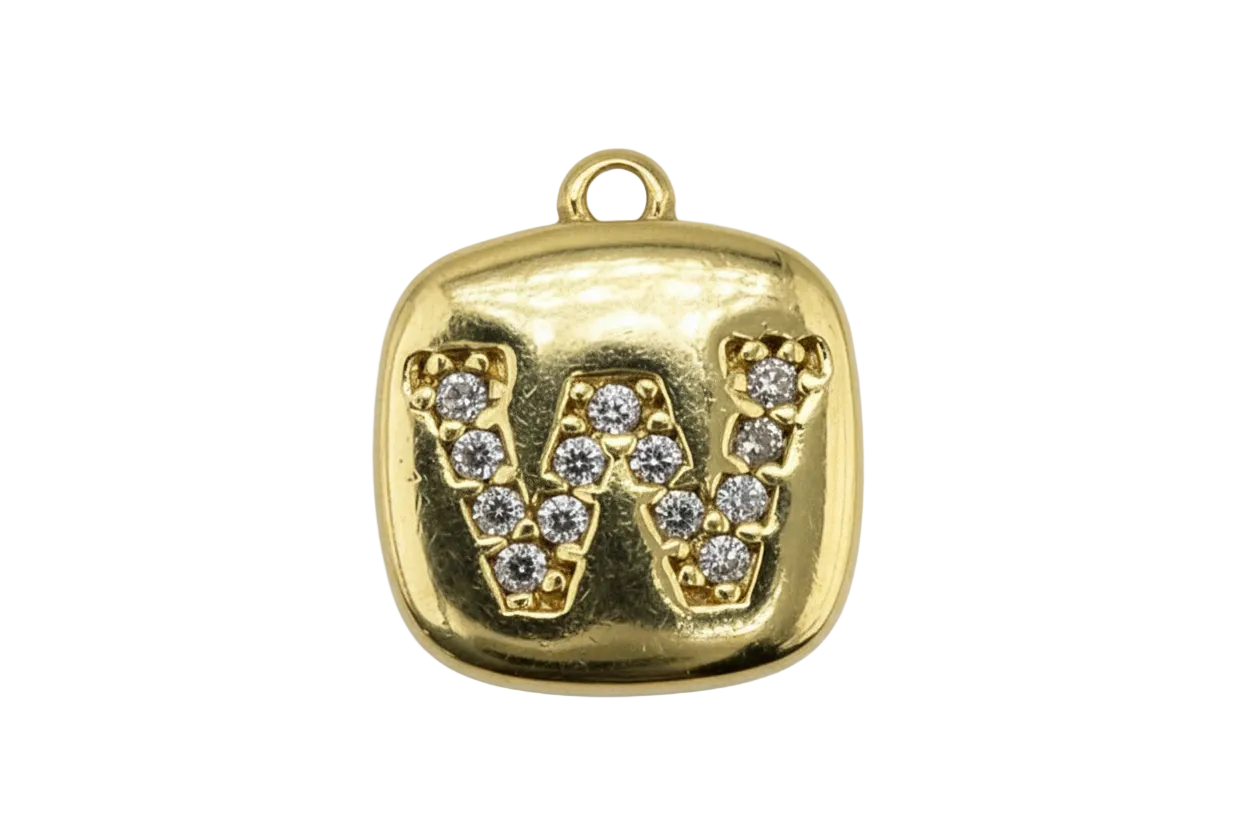 Gold rounded-square initial tile with pavé W in clear crystals
