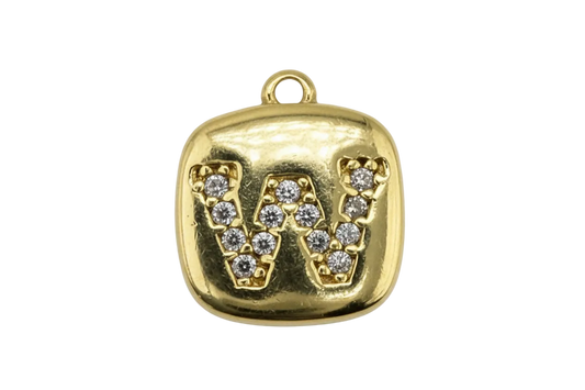 Gold rounded-square initial tile with pavé W in clear crystals