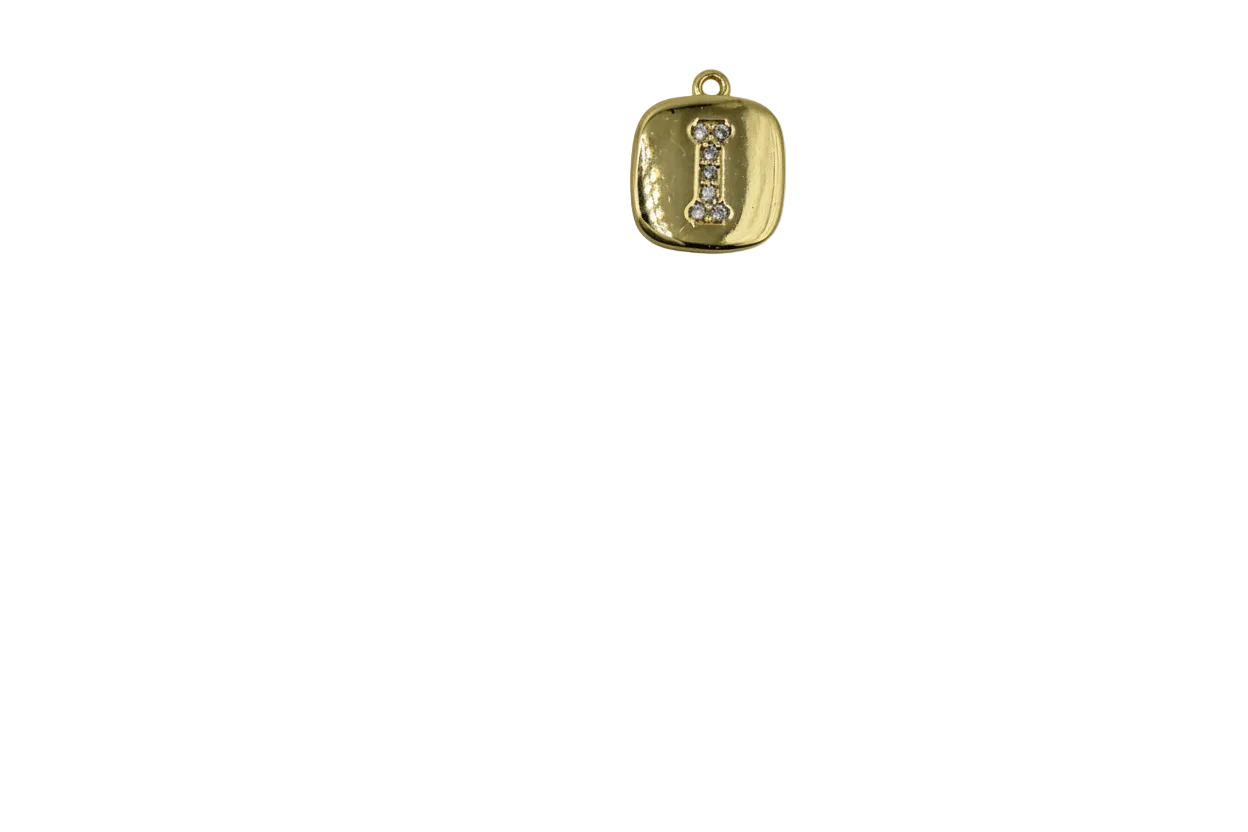 Gold rounded-square charm with pavé letter I in clear crystals