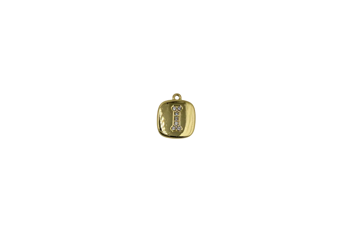 Gold rounded-square with pavé letter I and clear crystals