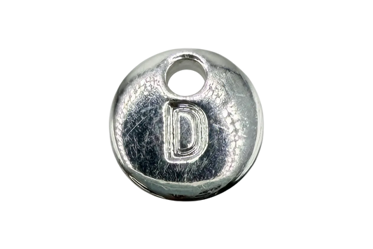 Polished silver round disc with raised letter D
