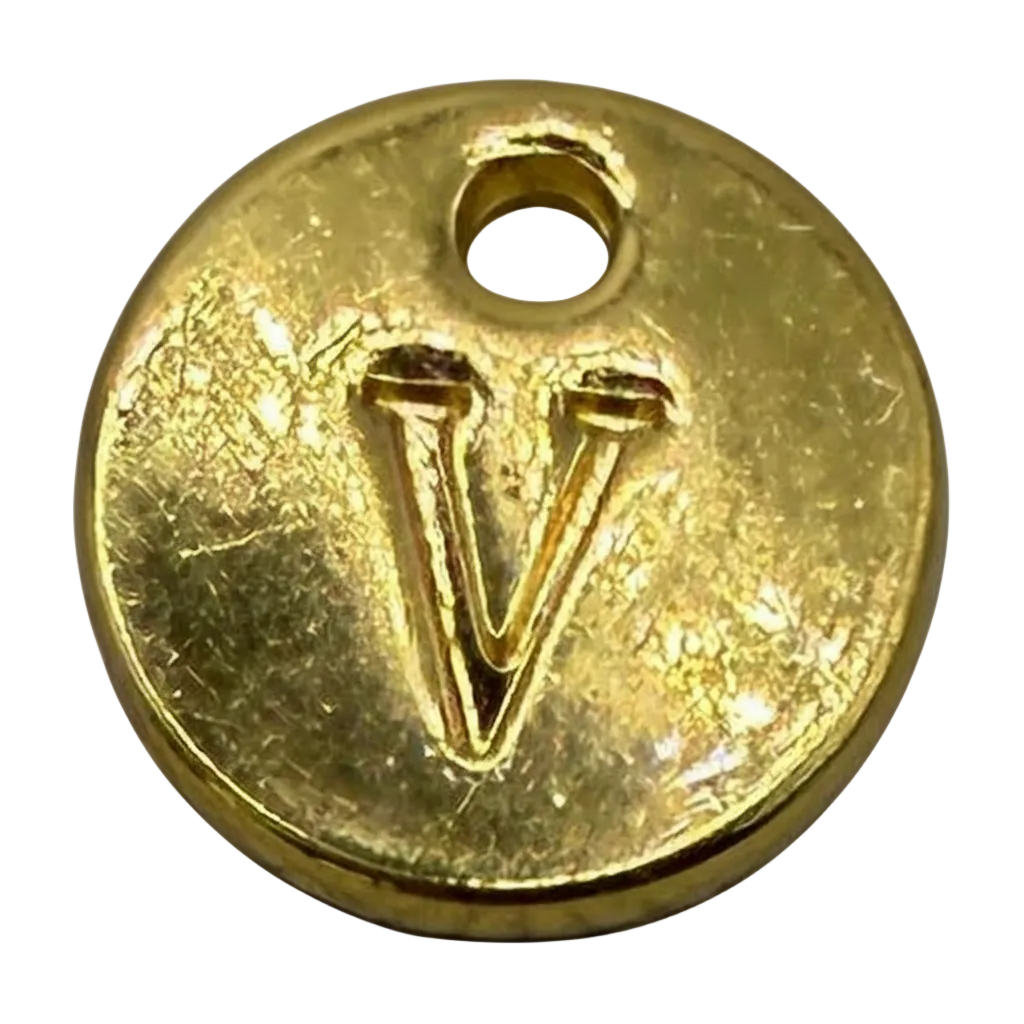 Round gold coin with raised letter V and small top hole