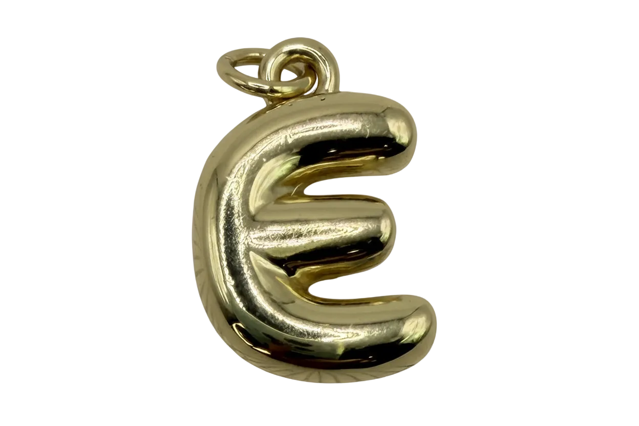 High-polish gold puffy letter E initial charm with rounded balloon-like silhouette