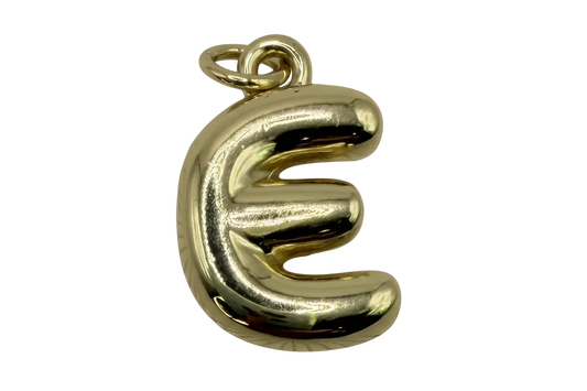 High-polish gold puffy letter E initial charm with rounded balloon-like silhouette