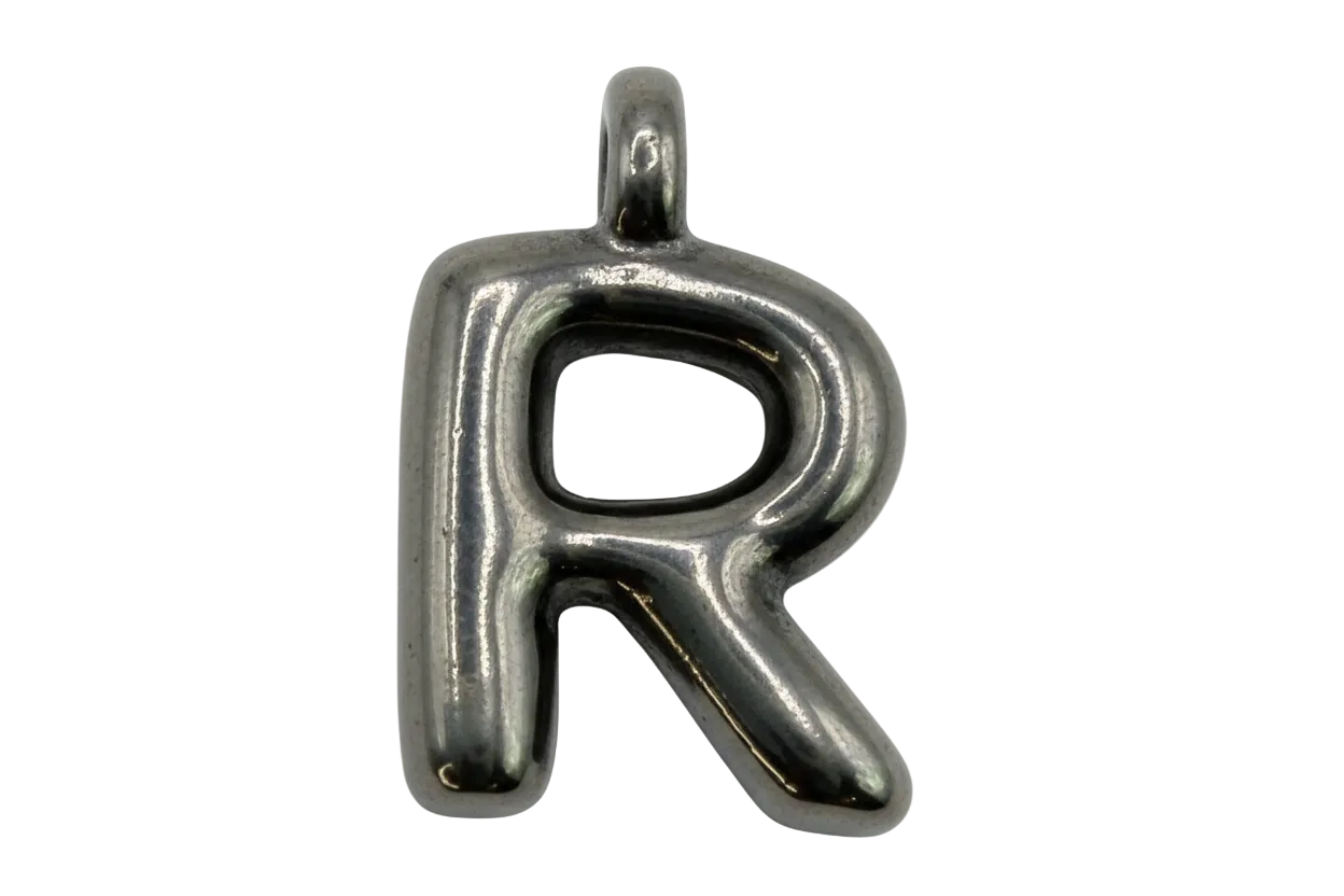 Polished silver puffy letter R with rounded balloon-style silhouette