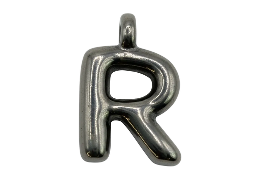 Polished silver puffy letter R with rounded balloon-style silhouette
