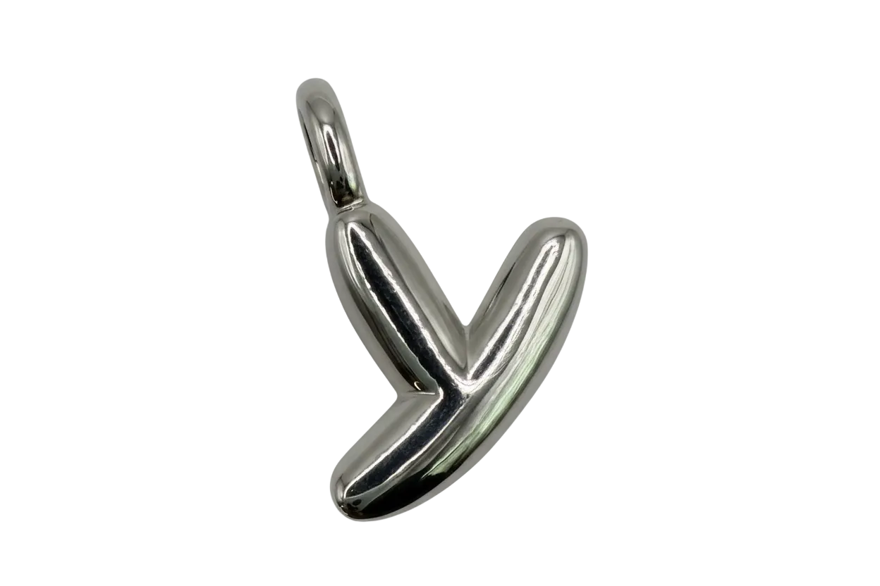 High-polish silver wishbone charm with a smooth rounded sculptural shape on black background