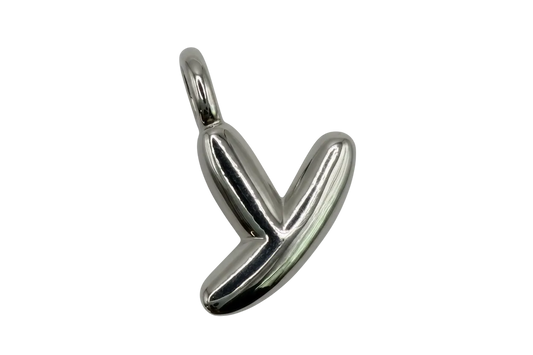 High-polish silver wishbone charm with a smooth rounded sculptural shape on black background