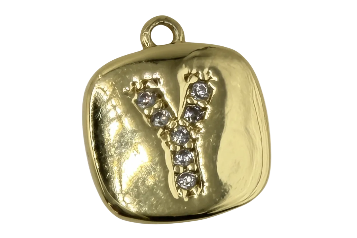Gold puffy square tile with pavé Y initial in clear crystals