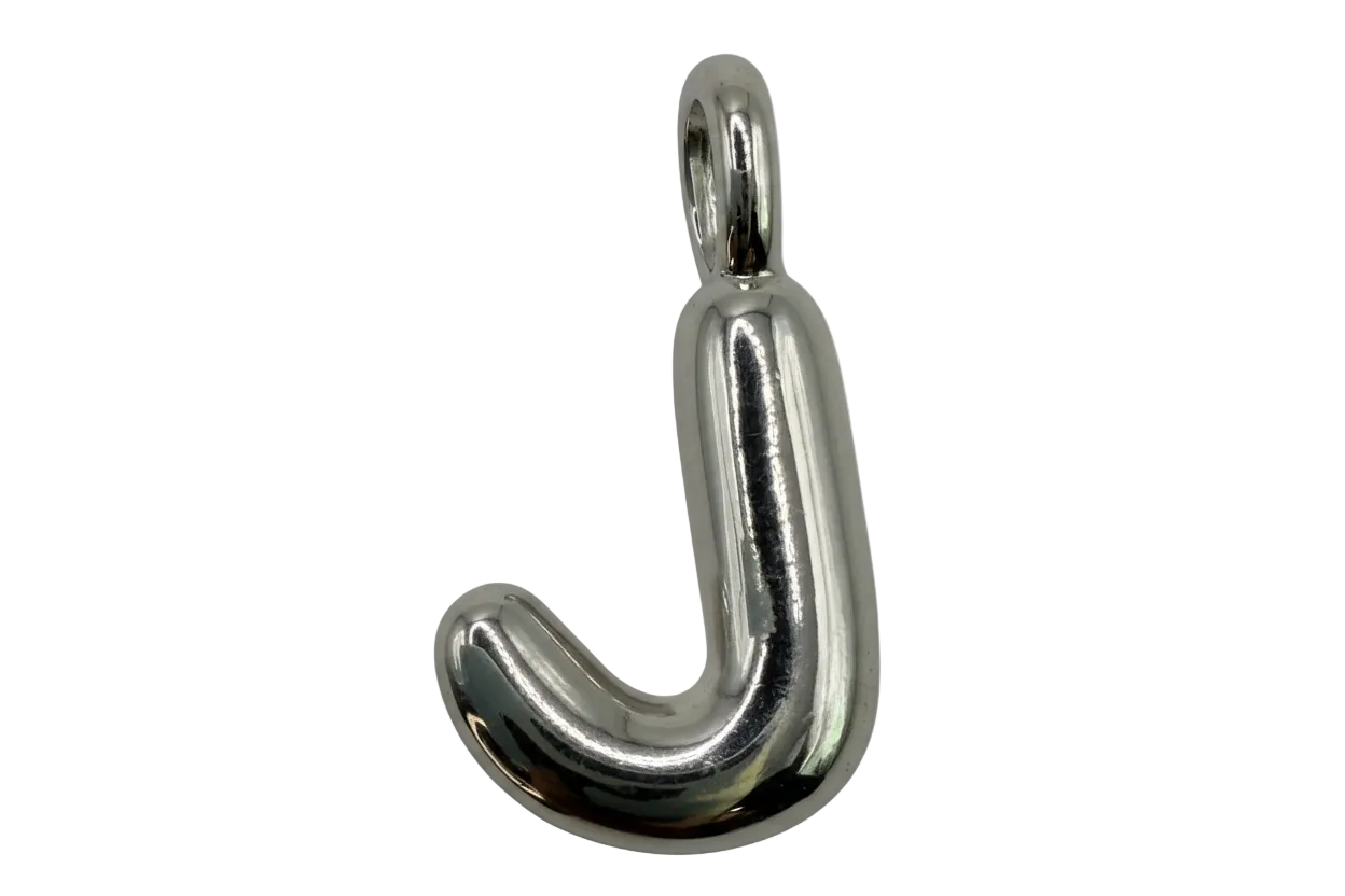 High-polish silver letter J initial with rounded, puffy contours