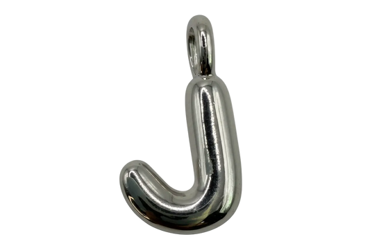 High-polish silver letter J initial with rounded, puffy contours
