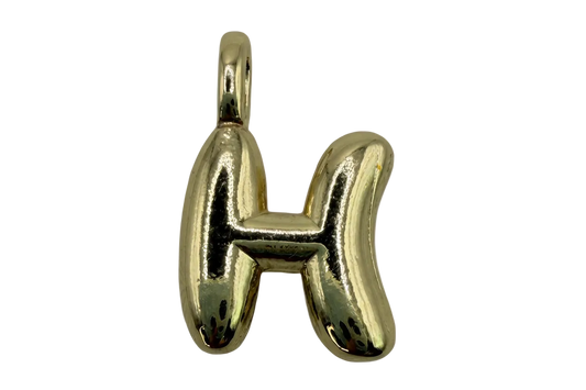 High-polish gold puffy letter H initial pendant on black background