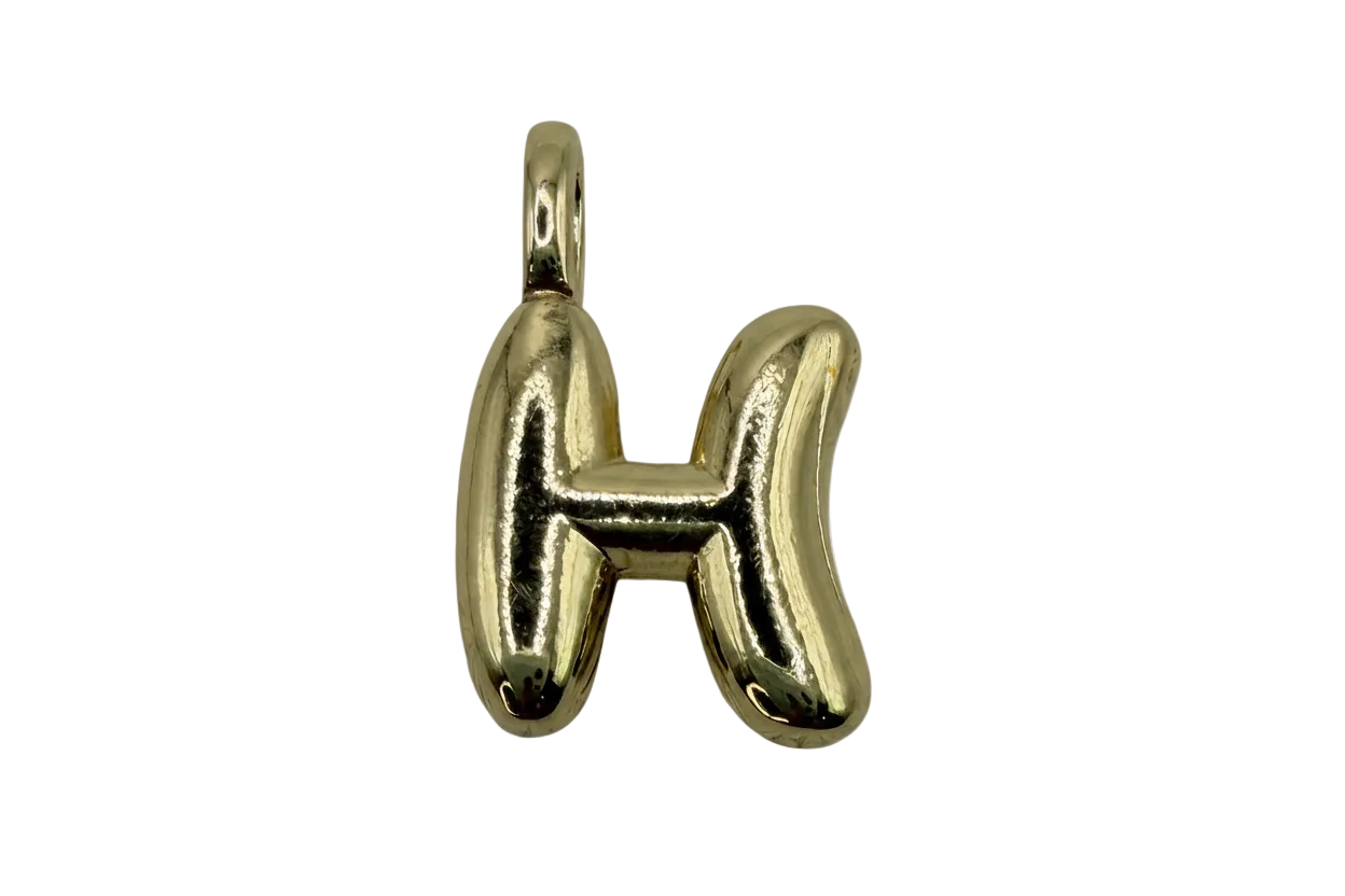 High-polish gold puffy letter H pendant with balloon-like shape