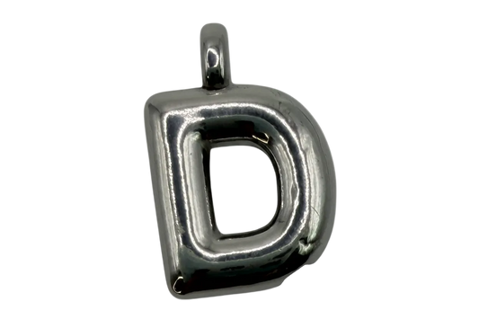 Polished bubble letter D in shiny silver metal with a hollow center
