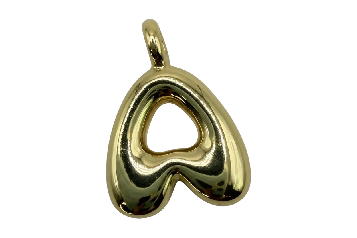High-polish gold puffy letter A pendant with rounded, sculptural shape